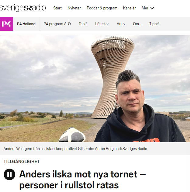 Skärmklipp från SVT Hallands hemsida, nyhet med rubriken Rullstolsburne Anders om nya utsiktstornet: Diskriminering